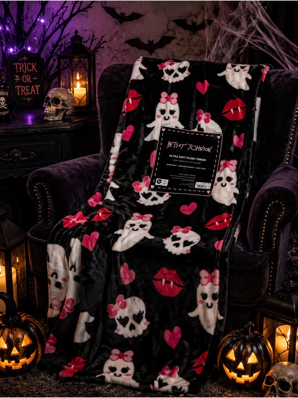 Betsey Johnson Black Plush Throw with White Ghosts & Pink Hearts